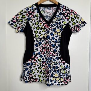 White Cross Scrub Top Multicolored Cheetah Leopard Print Women’s Size XS Nurse